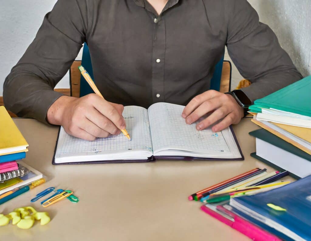 A student writing in their school book at a desk in a classroom with stationery, pencils
